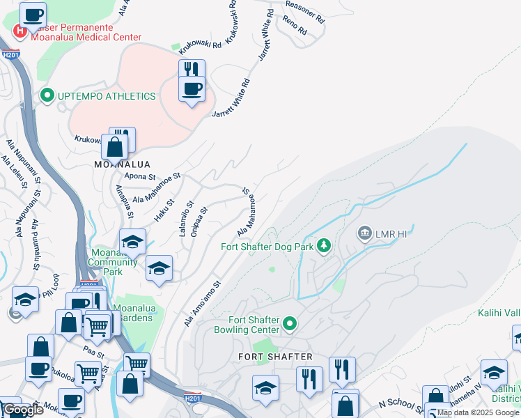 map of restaurants, bars, coffee shops, grocery stores, and more near 1687 Pilialoha Place in Honolulu