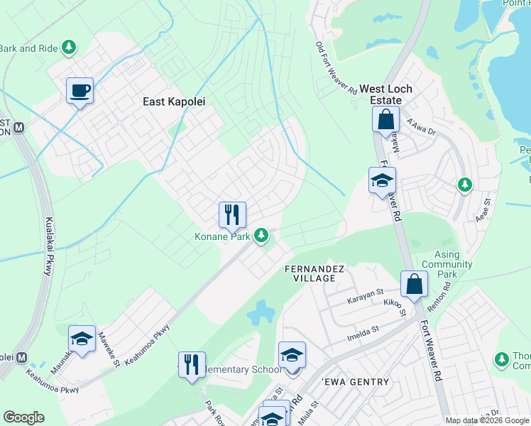 map of restaurants, bars, coffee shops, grocery stores, and more near 91-1595 Ula Ula Loop in Ewa Beach