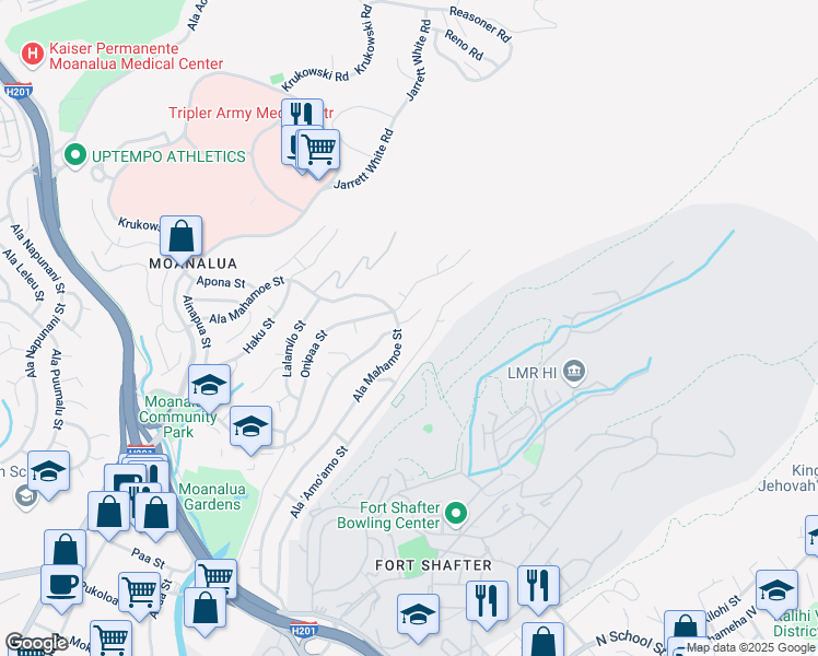 map of restaurants, bars, coffee shops, grocery stores, and more near 1687 Pilialoha Place in Honolulu
