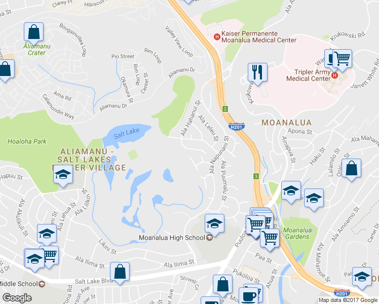 map of restaurants, bars, coffee shops, grocery stores, and more near 1460 Ala Hahanui Street in Honolulu