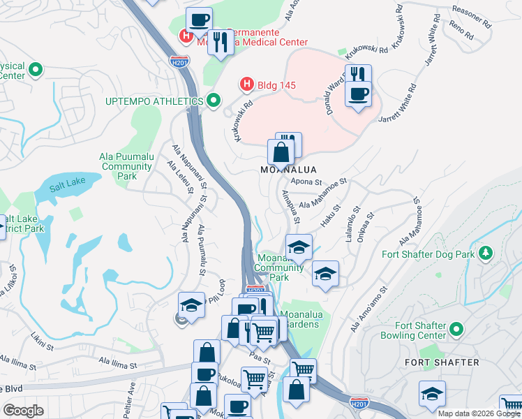 map of restaurants, bars, coffee shops, grocery stores, and more near 2080 Mahaoo Place in Honolulu