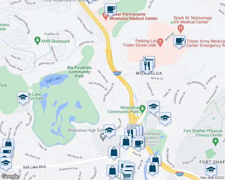 map of restaurants, bars, coffee shops, grocery stores, and more near 1415 Ala Lonomea Street in Honolulu