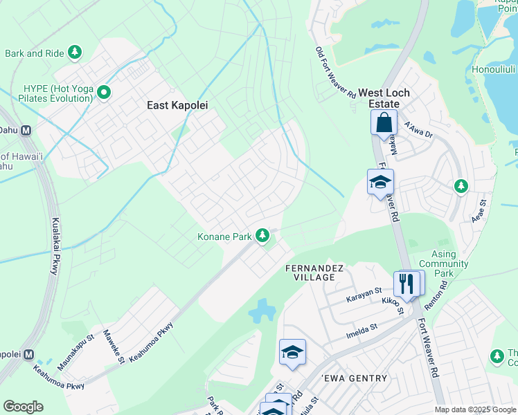 map of restaurants, bars, coffee shops, grocery stores, and more near 91-1595 Ula Ula Loop in Ewa Beach