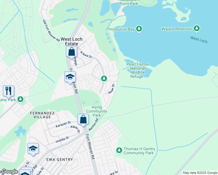 map of restaurants, bars, coffee shops, grocery stores, and more near 91-1155F Hamana Street in Ewa Beach