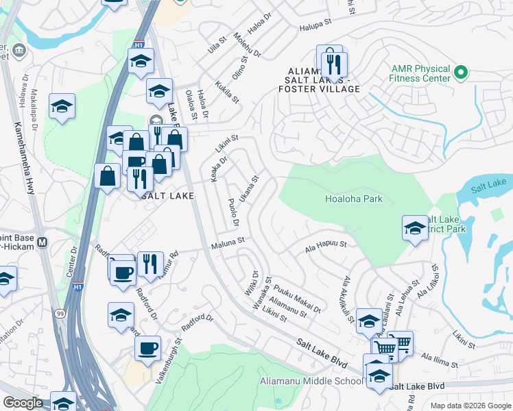 map of restaurants, bars, coffee shops, grocery stores, and more near 4570 Likini Street in Honolulu