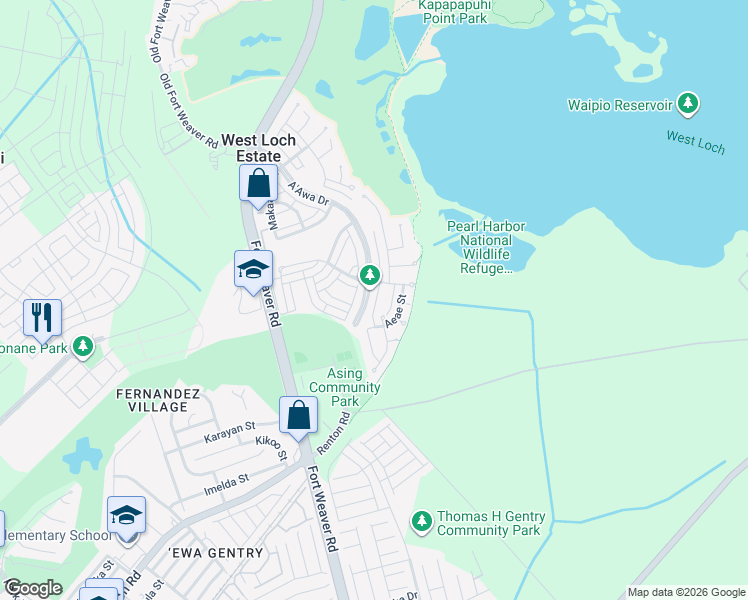 map of restaurants, bars, coffee shops, grocery stores, and more near 91-1155F Hamana Street in Ewa Beach