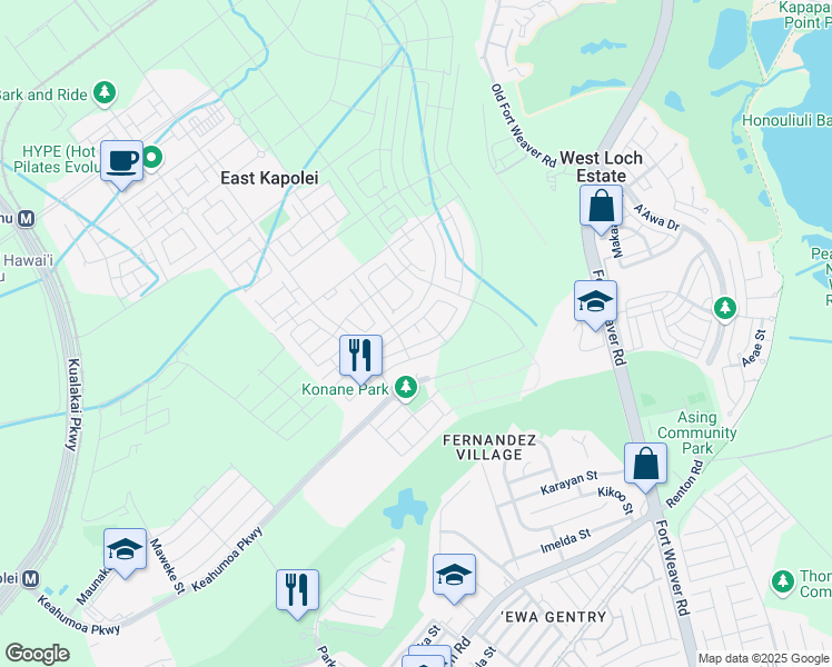 map of restaurants, bars, coffee shops, grocery stores, and more near 91-1595 Ula Ula Loop in Ewa Beach