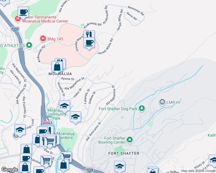 map of restaurants, bars, coffee shops, grocery stores, and more near 1559 Onipaa Street in Honolulu