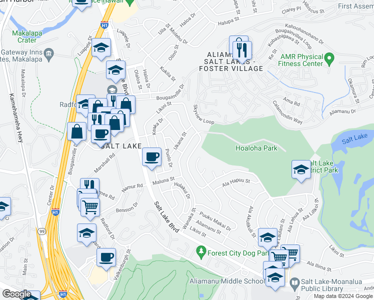 map of restaurants, bars, coffee shops, grocery stores, and more near 1313 Wanaka Street in Honolulu
