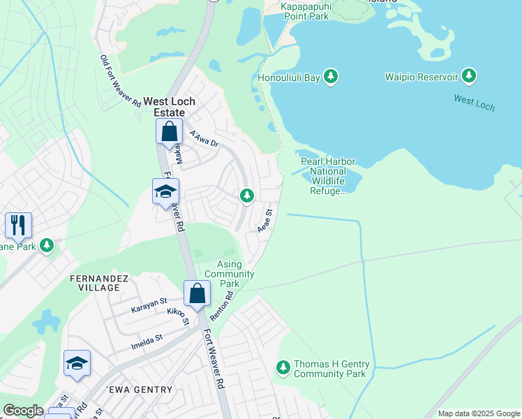 map of restaurants, bars, coffee shops, grocery stores, and more near 91-1155F Hamana Street in Ewa Beach