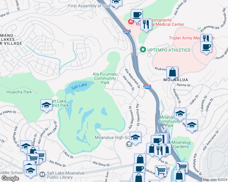 map of restaurants, bars, coffee shops, grocery stores, and more near 1460 Ala Hahanui Street in Honolulu