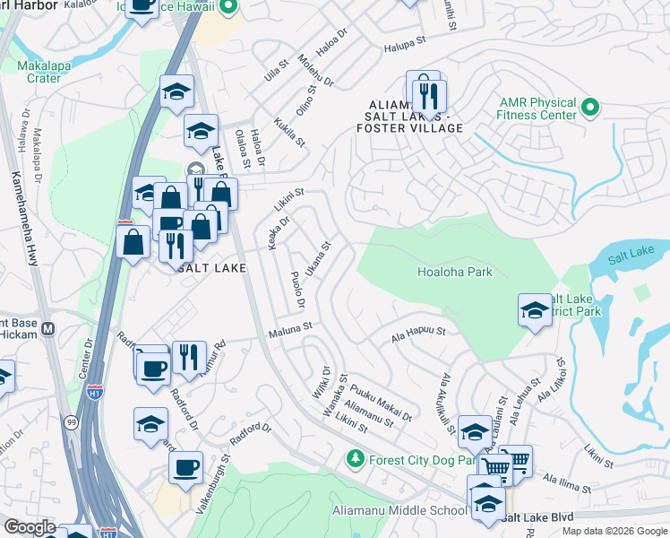 map of restaurants, bars, coffee shops, grocery stores, and more near 4570 Likini Street in Honolulu