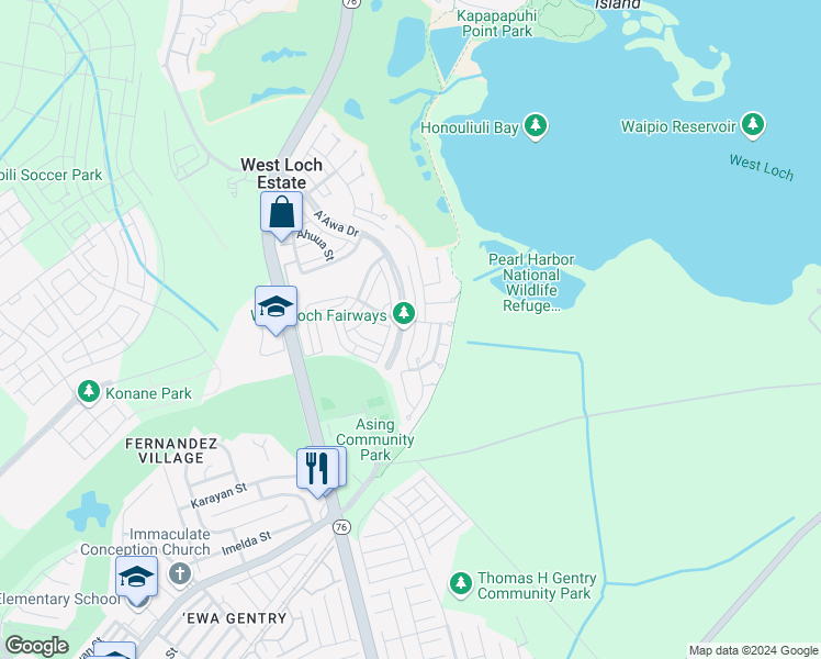 map of restaurants, bars, coffee shops, grocery stores, and more near 91-1043 A'awa Drive in Ewa Beach