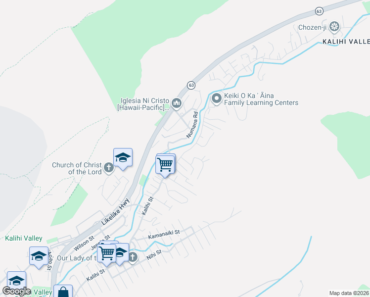 map of restaurants, bars, coffee shops, grocery stores, and more near 2922 Numana Road in Honolulu