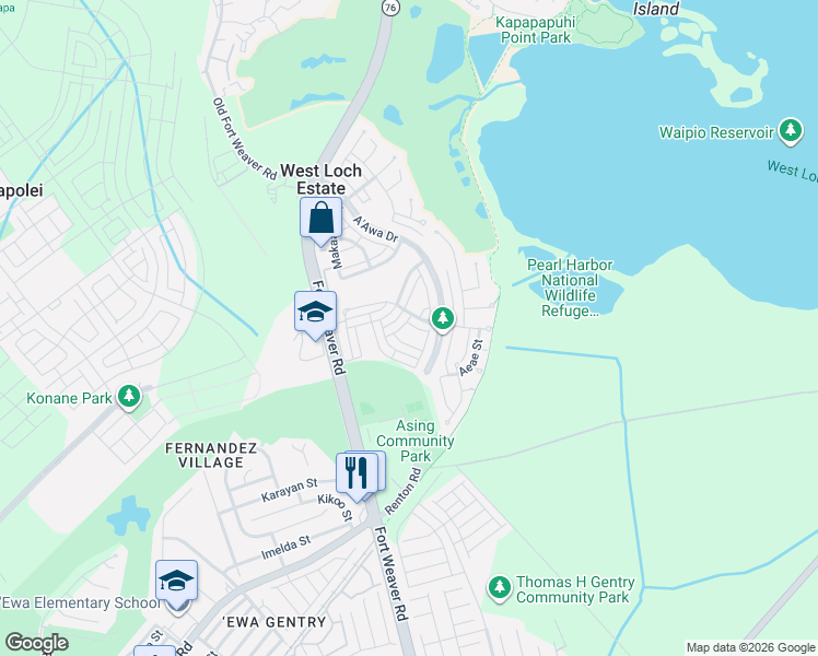 map of restaurants, bars, coffee shops, grocery stores, and more near 91-1114 Hamana Street in Ewa Beach