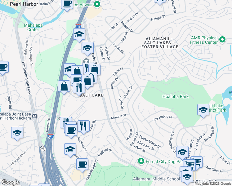 map of restaurants, bars, coffee shops, grocery stores, and more near 4158 Keaka Drive in Honolulu