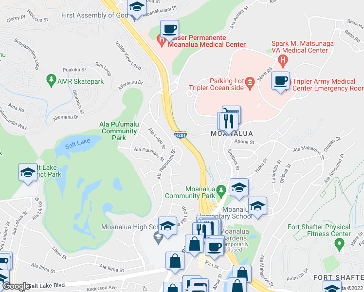 map of restaurants, bars, coffee shops, grocery stores, and more near 1457 Ala Kopiko Street in Honolulu