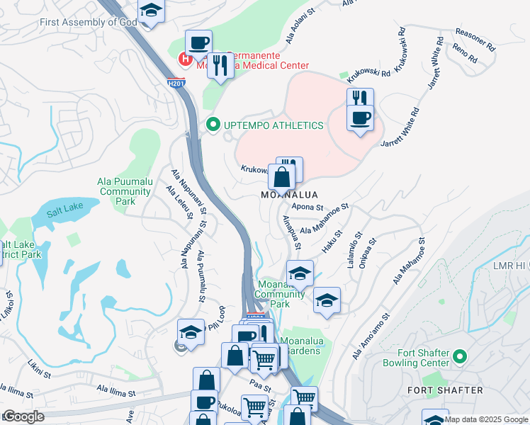 map of restaurants, bars, coffee shops, grocery stores, and more near 2122 Maha Place in Honolulu