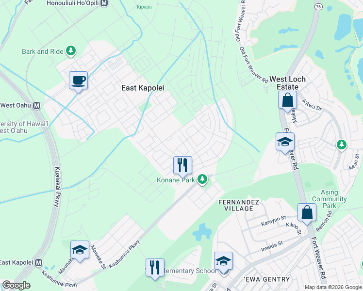 map of restaurants, bars, coffee shops, grocery stores, and more near 91-1567 Laauala Street in Ewa Beach