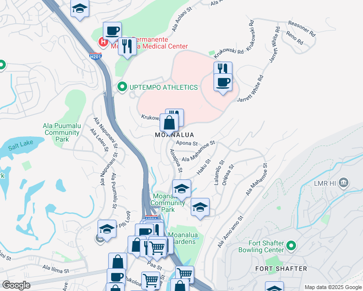 map of restaurants, bars, coffee shops, grocery stores, and more near 1433 Apona Street in Honolulu