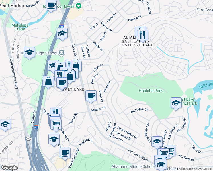 map of restaurants, bars, coffee shops, grocery stores, and more near 1118 Makaala Street in Honolulu