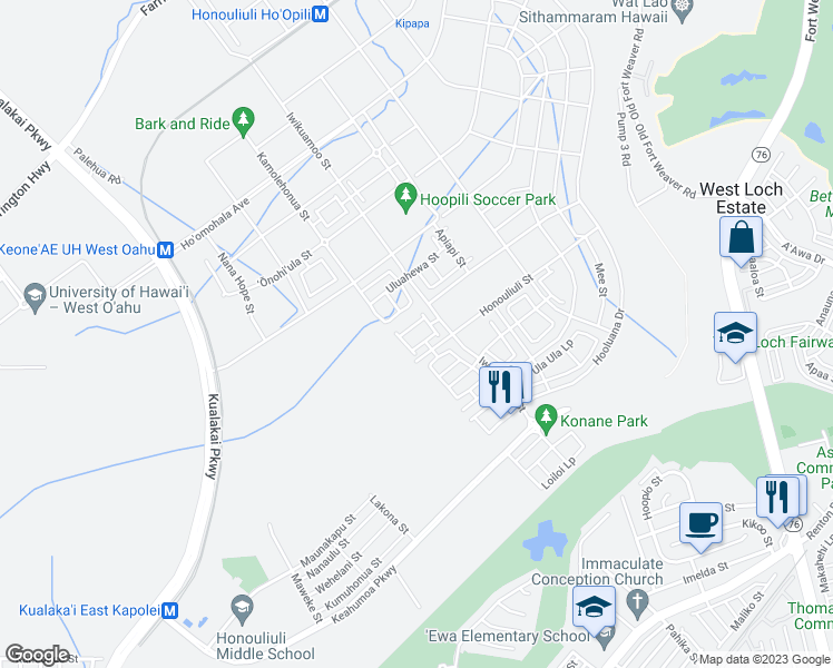 map of restaurants, bars, coffee shops, grocery stores, and more near 91-1081 Iwikuamo'o Street in Ewa Beach