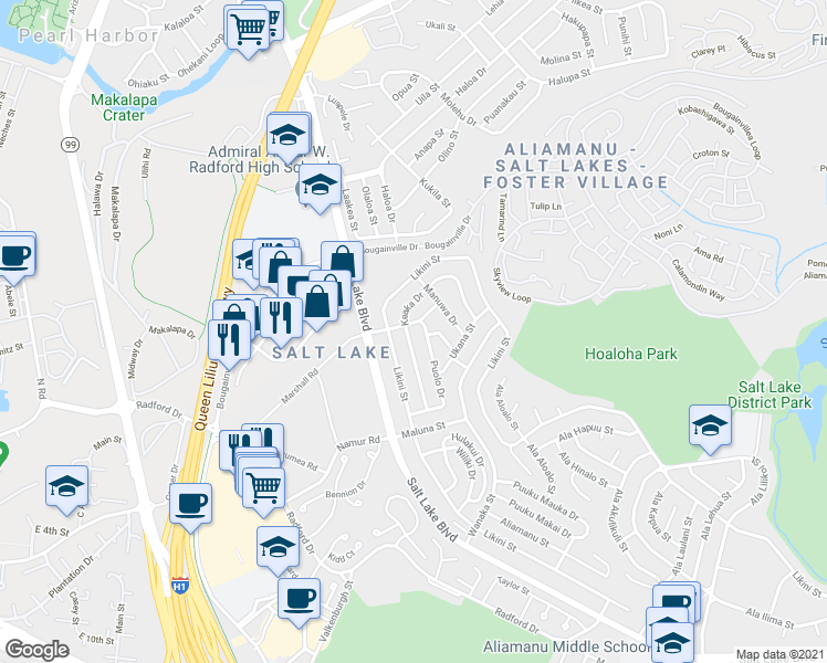 map of restaurants, bars, coffee shops, grocery stores, and more near 4158 Keaka Drive in Honolulu
