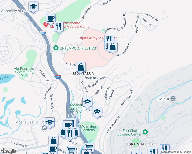 map of restaurants, bars, coffee shops, grocery stores, and more near 1482 Apona Street in Honolulu