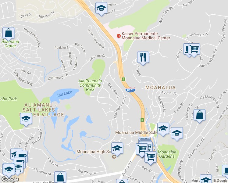 map of restaurants, bars, coffee shops, grocery stores, and more near 1472 Ala Leleu Street in Honolulu