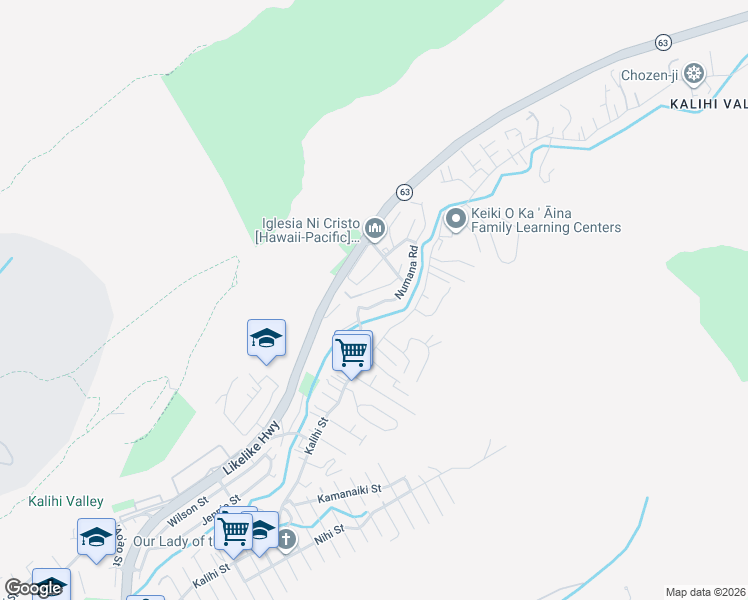 map of restaurants, bars, coffee shops, grocery stores, and more near 2922 Numana Road in Honolulu