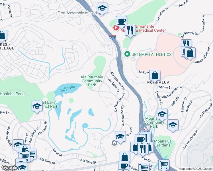 map of restaurants, bars, coffee shops, grocery stores, and more near 1450 Ala Naupaka Street in Honolulu