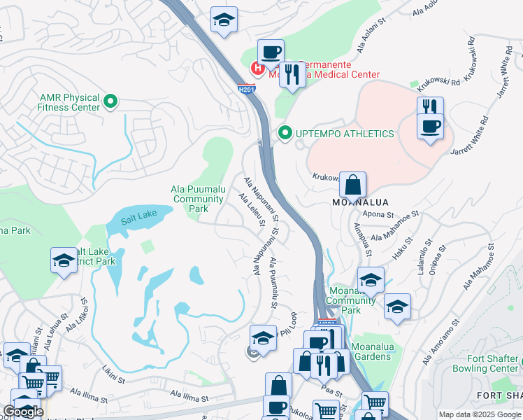 map of restaurants, bars, coffee shops, grocery stores, and more near 1472 Ala Leleu Street in Honolulu