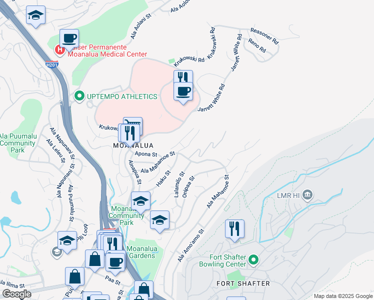 map of restaurants, bars, coffee shops, grocery stores, and more near 1635 Haku Street in Honolulu