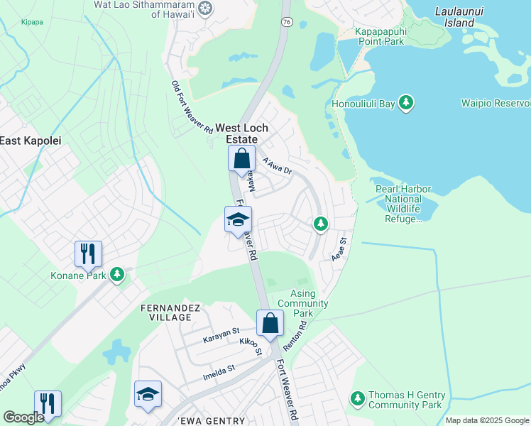 map of restaurants, bars, coffee shops, grocery stores, and more near 91-1054 Hamana Street in Ewa Beach