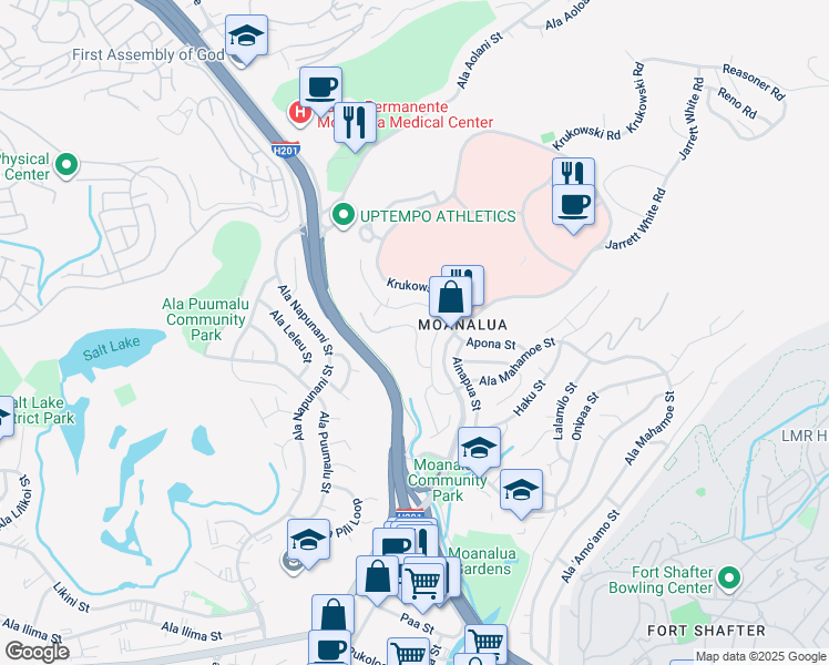 map of restaurants, bars, coffee shops, grocery stores, and more near 2122 Maha Place in Honolulu