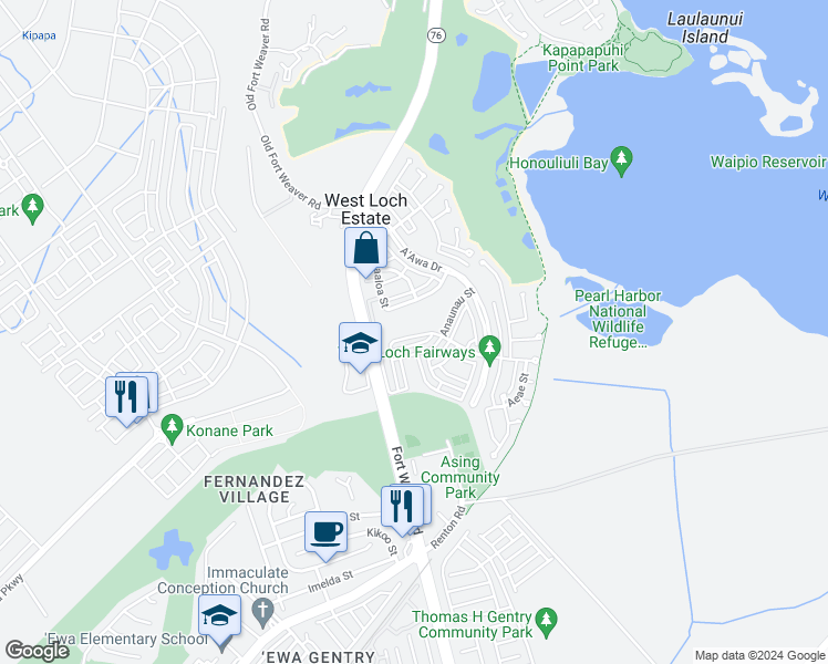 map of restaurants, bars, coffee shops, grocery stores, and more near 91-1062 Hamana Street in Ewa Beach