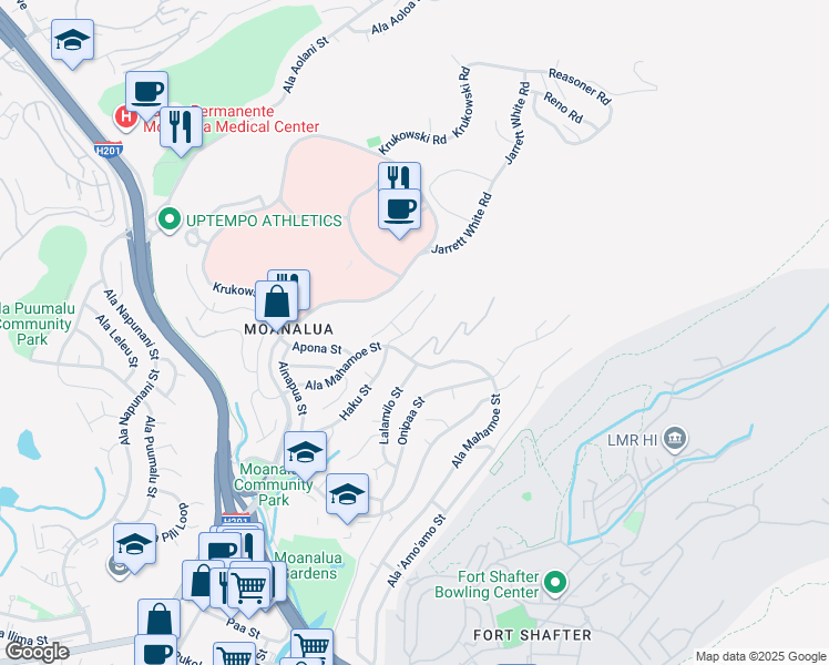map of restaurants, bars, coffee shops, grocery stores, and more near 1635 Haku Street in Honolulu