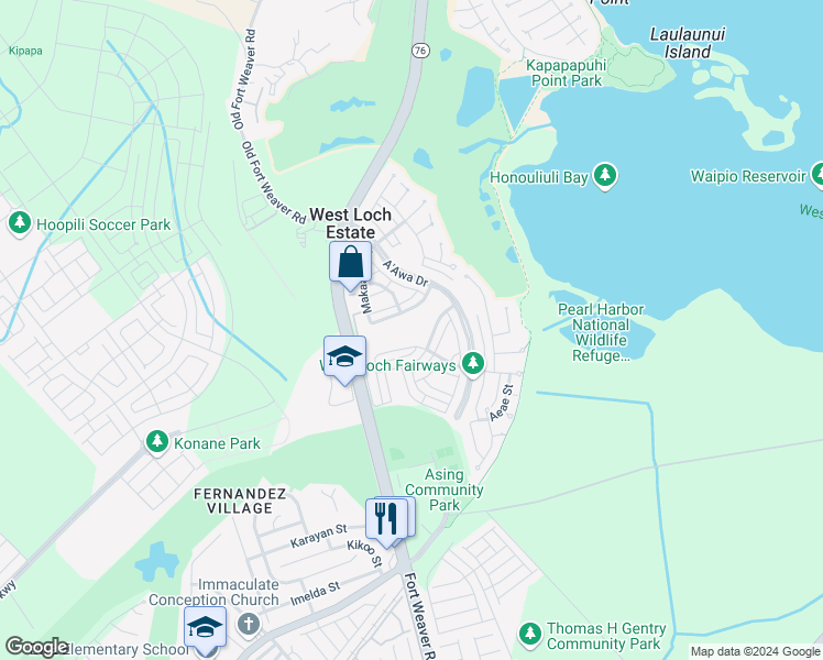 map of restaurants, bars, coffee shops, grocery stores, and more near 91-1022 Makaaloa Street in Ewa Beach