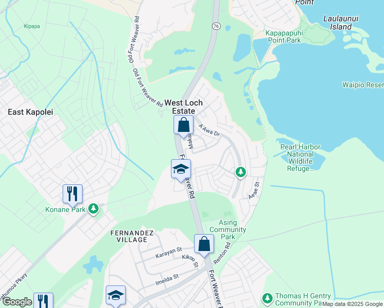 map of restaurants, bars, coffee shops, grocery stores, and more near 91-1055 Makaaloa Street in Ewa Beach