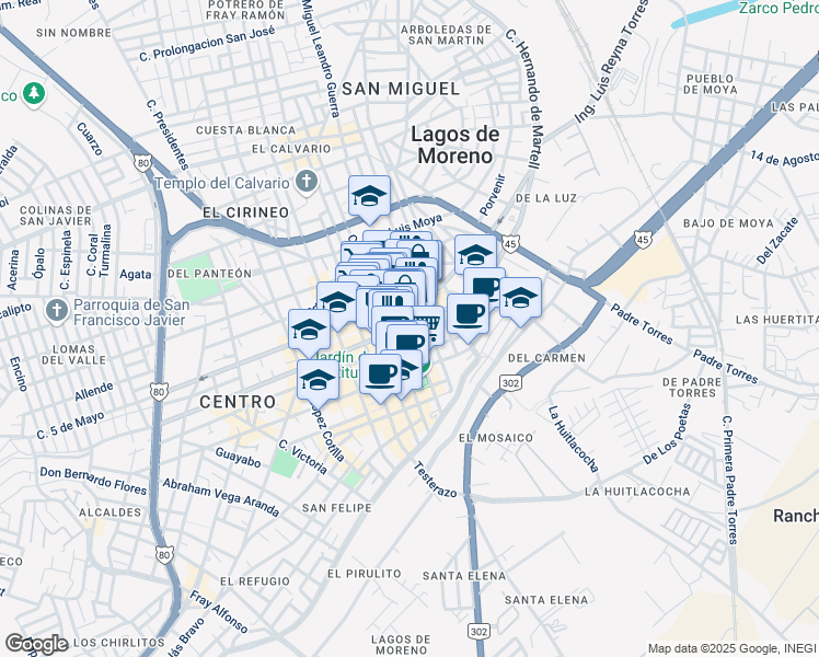 map of restaurants, bars, coffee shops, grocery stores, and more near 47 Prolongación Miguel Leandro G. in Lagos de Moreno