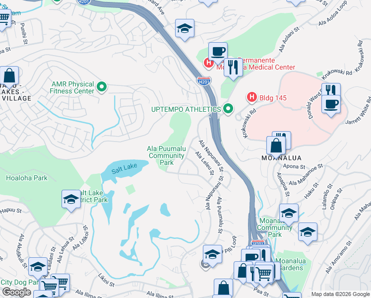 map of restaurants, bars, coffee shops, grocery stores, and more near 1588 Ala Hahanui St in Honolulu