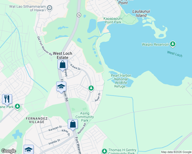 map of restaurants, bars, coffee shops, grocery stores, and more near 91-1047 Aipo'Ola Street in Ewa Beach