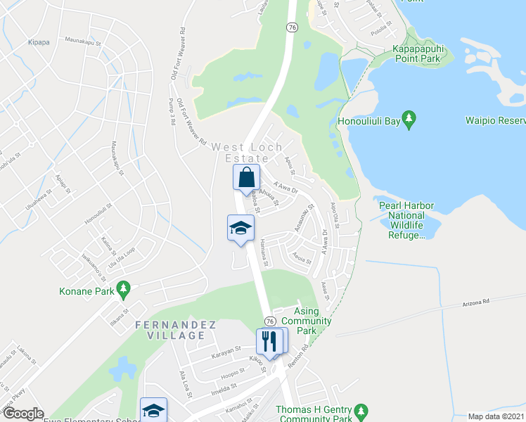 map of restaurants, bars, coffee shops, grocery stores, and more near 91-1055 Makaaloa Street in Ewa Beach