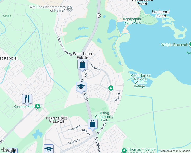 map of restaurants, bars, coffee shops, grocery stores, and more near 91-1010 Makaaloa Street in Ewa Beach