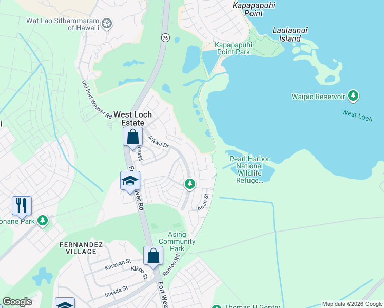 map of restaurants, bars, coffee shops, grocery stores, and more near 91-1047 Aipo'Ola Street in Ewa Beach
