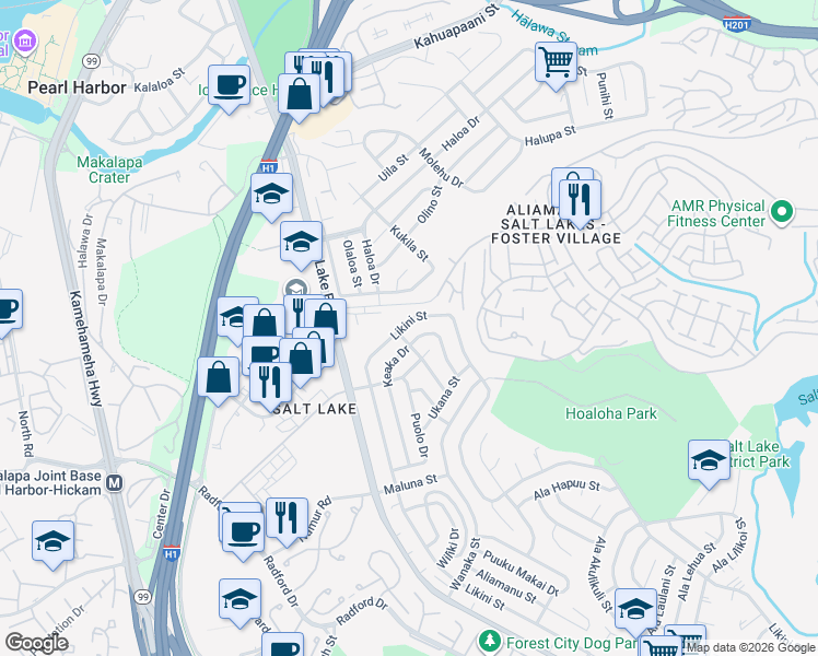 map of restaurants, bars, coffee shops, grocery stores, and more near 4264 Likini Street in Honolulu