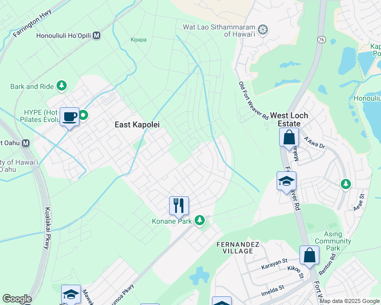 map of restaurants, bars, coffee shops, grocery stores, and more near Unnamed Road in Ewa Beach