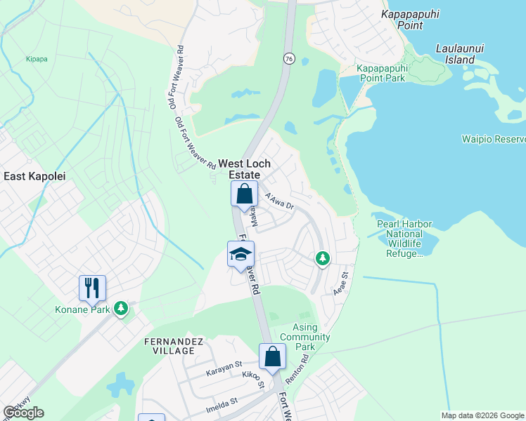 map of restaurants, bars, coffee shops, grocery stores, and more near 91-1035 Ahuua Street in Ewa Beach
