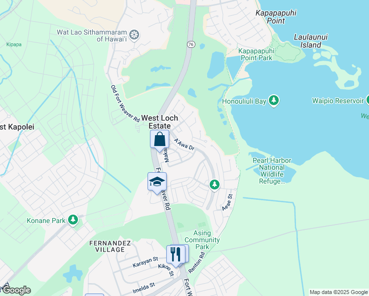 map of restaurants, bars, coffee shops, grocery stores, and more near 91-1159 A'awa Drive in Ewa Beach
