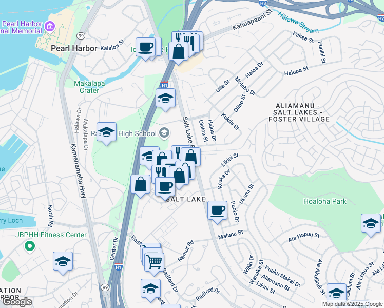 map of restaurants, bars, coffee shops, grocery stores, and more near Salt Lake Boulevard & Bougainville Drive in Honolulu